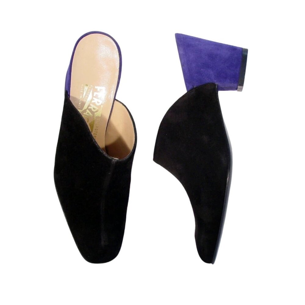 FERRAGAMO New $895 Suede Color Block Blue Heel Mules 5.5B - Made in ITALY